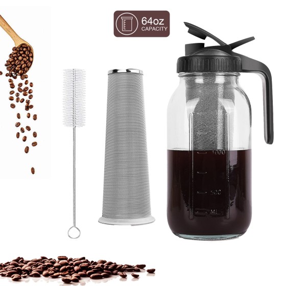 Cold Brew Coffee Maker Pitcher, Heavy Duty Wide Mouth Glass Mason Jar with Pour Spout Lid, Stainless Steel Filter & Cleaning Brush, Glass Coffee Pot for Iced Coffee, Ice Lemonade, Fruit Drinks & Sun Tea